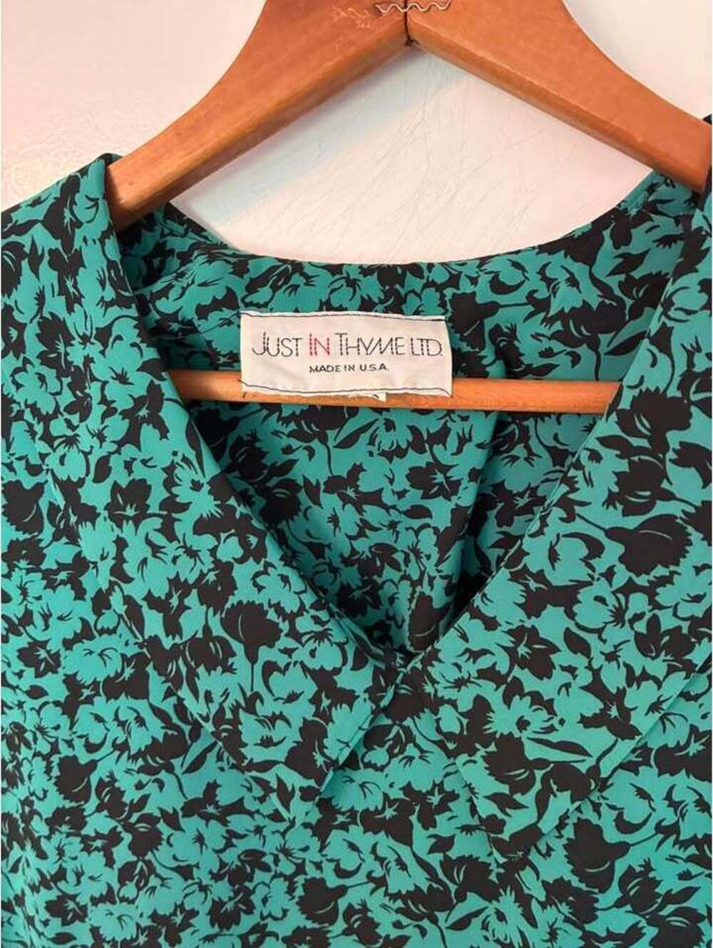 Vintage 80s/90s Just In Time Ltd Teal Black Floral Midi Dress Made in USA - Picture 3 of 3